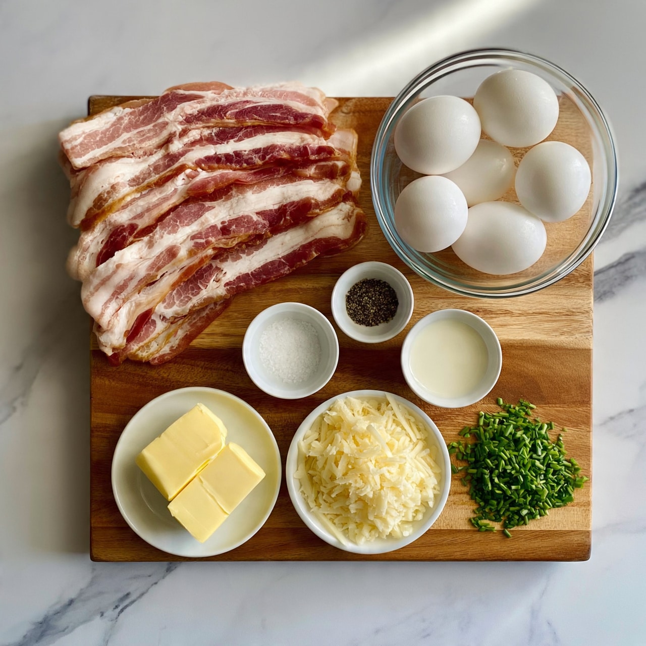 square image The image shows a wooden board on a white marbled surface with several ingredients neatly arranged. At the top left, there are overlapping raw bacon strips with visible fat and pink meat. To the right, there is a clear glass bowl filled with white eggs. Below the eggs, small white bowls hold white salt, pepper, and a creamy white liquid, while a small white plate holds two cubes of yellow butter. Next to these, a small white dish contains shredded pale cheese, and to the right of everything, there is a small pile of chopped fresh green chives. A woman's hand is not visible in this image. Photo taken with an iphone --ar 4:5 --v 7