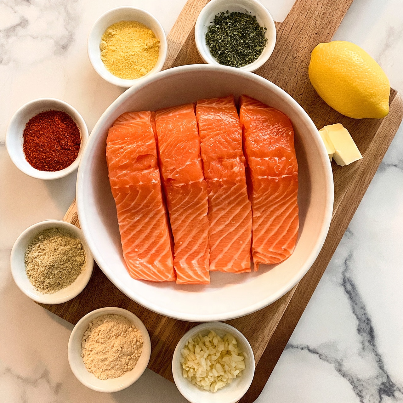 square image The image shows four raw salmon fillets placed side by side inside a large white bowl on a wooden board set on a white marbled surface. Around the bowl are six small white bowls with different spices and ingredients: reddish powder, yellowish powder, green herbs, beige powder, and finely chopped garlic. There is a whole lemon and two small sticks of butter on the wooden board next to the bowls. The image is well-lit and organized, with colors that contrast the fresh salmon orange with the white bowls and the wooden texture of the board, and the white marbled background. photo taken with an iphone --ar 4:5 --v 7