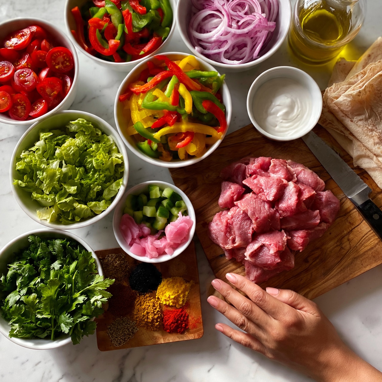 square image The image shows a wooden board and several white bowls arranged on a white marbled surface. On the board, there are raw pink pieces of meat next to a knife with a black handle. Around the board, there are white bowls filled with colorful ingredients: sliced red, green, and yellow bell peppers; thin red onion rings; chopped green lettuce; halved red cherry tomatoes; green cucumber cubes; pickled pink onions; fresh green parsley; and various spices in shades of brown, black, yellow, and red. There is also a small white bowl with white sauce, a clear glass container with golden olive oil, and folded flatbreads stacked to the side. A woman's hand is gently resting near the board. photo taken with an iphone --ar 4:5 --v 7