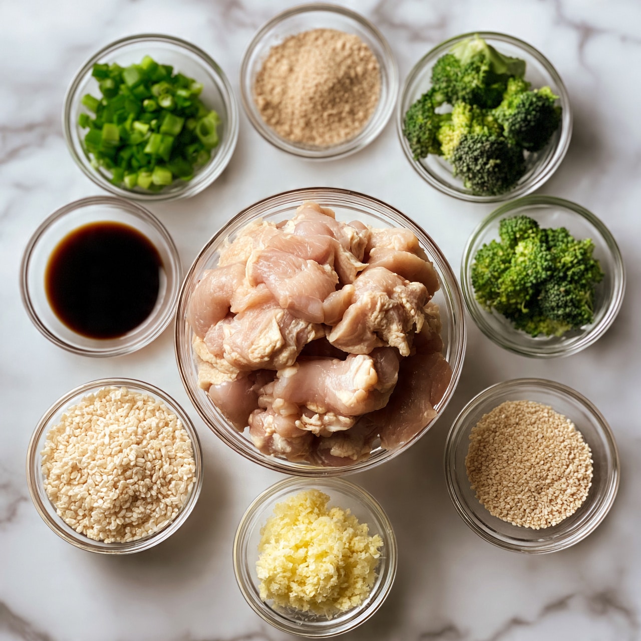 square image The image shows eight clear glass bowls arranged on a white marbled surface, each containing a different ingredient. In the center is a large bowl filled with raw, light pink chicken pieces. Surrounding it are smaller bowls containing chopped green onions (bright green), light brown powdered spices, green broccoli florets, dark brown soy sauce, off-white uncooked rice, pale yellow grated ginger, and off-white sesame seeds. The bowls vary in size, with the chicken bowl being the largest and the others smaller but clearly visible. photo taken with an iphone --ar 4:5 --v 7