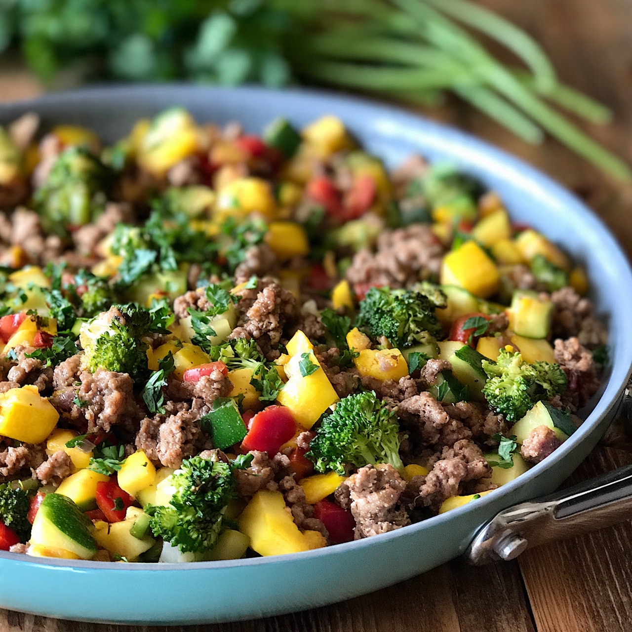 square image A close-up of a light blue pan filled with a cooked mixture of ground beef and chopped vegetables including green broccoli, yellow squash, red bell pepper, and green zucchini, all mixed together with small pieces of fresh green parsley scattered on top, sitting on a wooden surface with green herb stems blurred in the background, the pan handle visible on the right side photo taken with an iphone --ar 4:5 --v 7