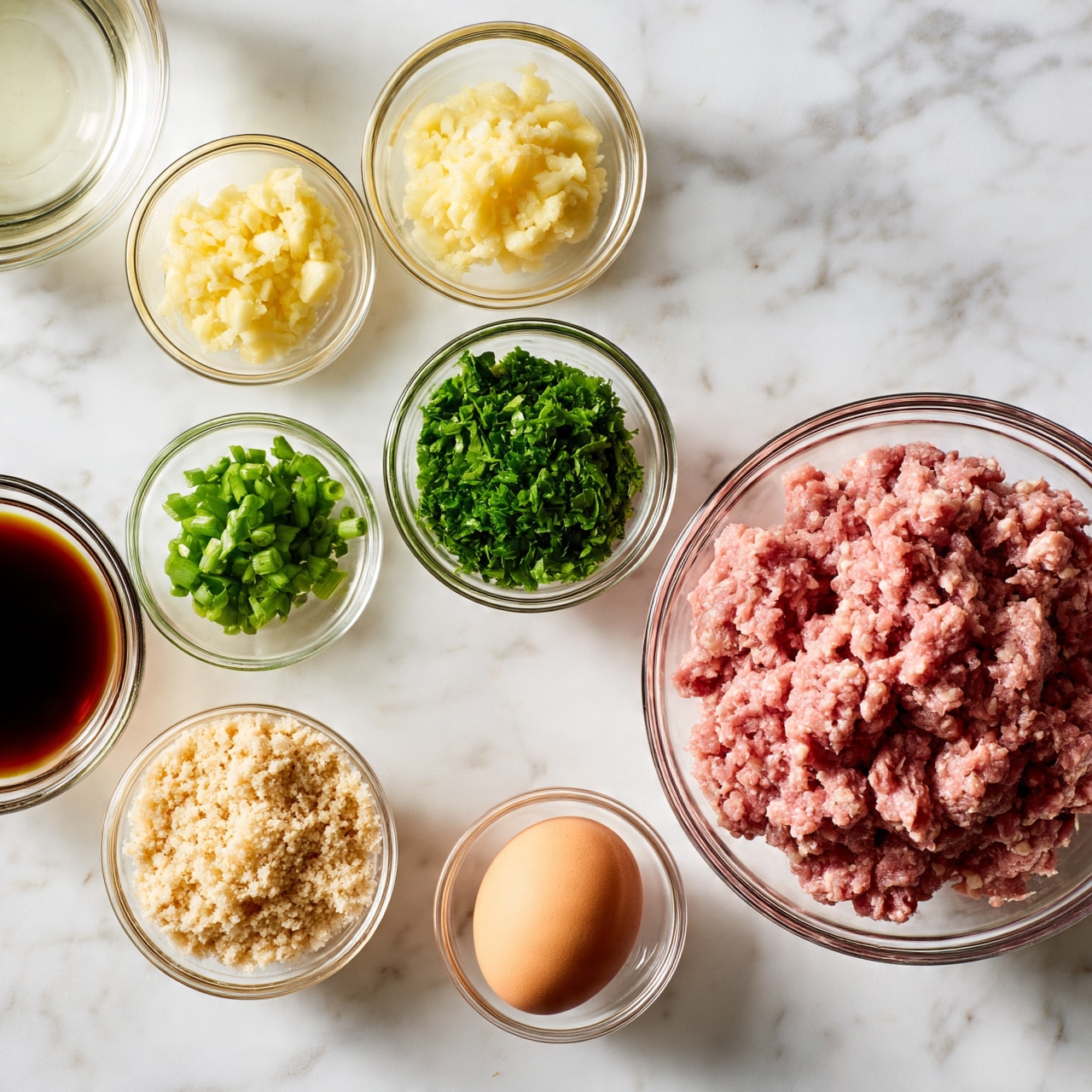 square image The image shows seven clear glass bowls arranged on a white marbled surface, each holding different ingredients. In the largest bowl on the right, there is pinkish raw ground meat with a slightly coarse texture. Below it, a single brown egg sits in a small bowl. To the left of the egg, a bowl contains beige dry breadcrumbs with a crumbly texture. Above it is a bowl filled with bright green chopped herbs. To the left, there is a bowl with finely chopped green onions. Above that is a bowl with light yellow minced garlic, and next to it is a bowl with minced ginger. On the far left side, there's a bowl of dark brown soy sauce and a bowl with a clear liquid, likely oil or water, at the top left corner. The arrangement is neat and spaced out evenly. Photo taken with an iphone --ar 4:5 --v 7
