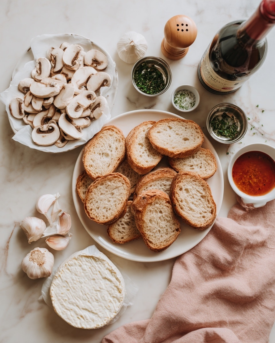 The image shows a white plate filled with several slices of light brown bread with visible grains, placed on a white marbled surface. Near the plate are a bowl of sliced white mushrooms with light brown edges, a round piece of soft white cheese partially wrapped in white paper, and small silver containers holding chopped green herbs and a clear liquid. There are two whole garlic cloves on a small white dish, two wooden-topped salt and pepper shakers, a small saucer filled with a reddish-brown sauce, and a dark red bottle of wine with a white label lying beside a light pink cloth napkin. The photo taken with an iphone --ar 4:5 --v 7