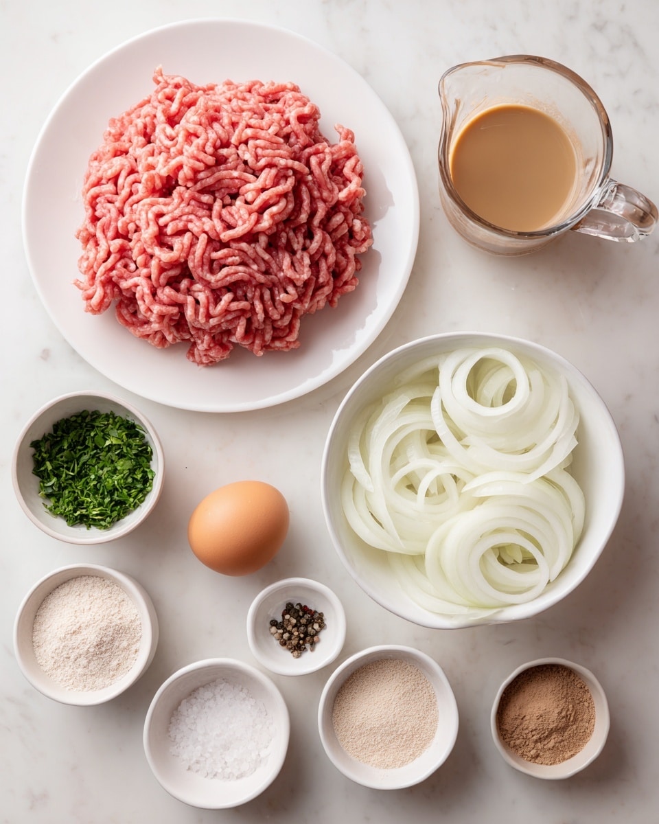 A white plate holds a large pile of raw ground meat with a pinkish-red color and a textured, curly surface. Nearby, a small clear glass pitcher contains a light brown liquid. To the right, a white bowl is filled with thin white onion rings arranged in loose layers, and a smaller white bowl next to it has a light beige powdery substance. Below them, a single brown egg rests in another white bowl. Surrounding these main items are several small white bowls holding chopped green herbs, a clear liquid, salt and black pepper, a brown liquid, a white powder (flour), and a bowl with two light brown powder portions. All items are placed on a smooth white marbled surface. photo taken with an iphone --ar 4:5 --v 7
