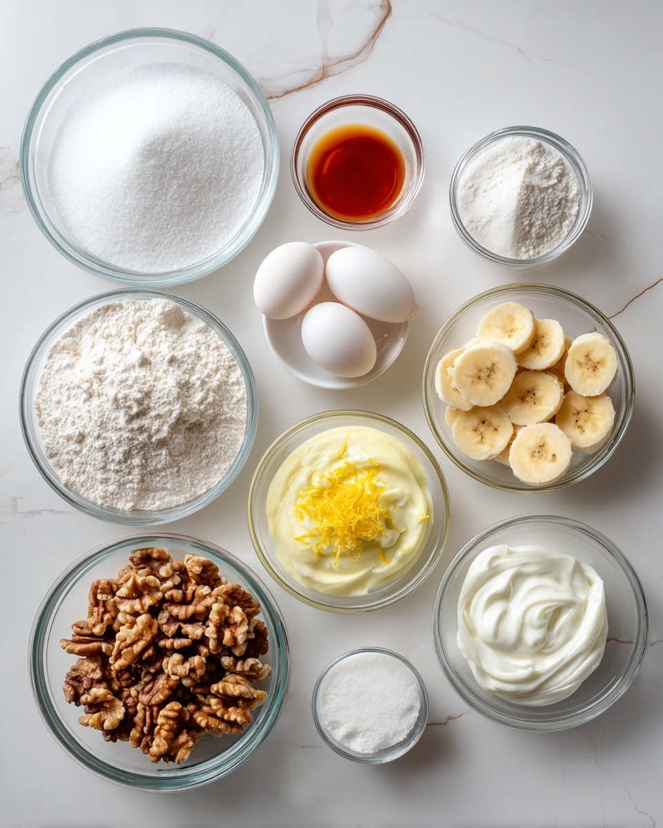 The image shows ten bowls arranged on a white marbled surface, each holding different baking ingredients. Starting from the top left, there is a clear bowl filled with white sugar, next to it a small clear bowl with reddish-brown liquid, and to the right, two small clear bowls with white powder substances. Below, a white bowl contains white flour, next to it a clear bowl with two raw eggs, then a clear bowl with pale yellow mixture and lemon zest on top. On the far right, a white bowl is filled with sliced bananas. Below, a clear bowl contains chopped walnuts, and next to it a clear bowl holds thick white cream or yogurt. The colors range from bright white and yellow to light brown and orange with a clean, organized layout, photo taken with an iphone --ar 4:5 --v 7