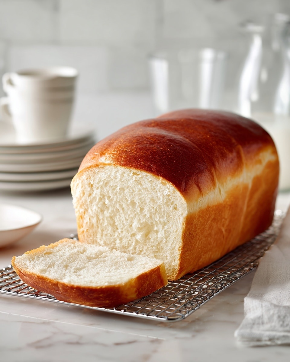 A loaf of bread with a smooth, shiny, golden-brown top crust, showing a soft, fluffy white inside where the front part is sliced open. The loaf rests on a metal cooling rack that is placed over a metal tray, all set on a white marbled surface. To the left, white stacked plates and a cup are visible blurred in the background, and to the right, a transparent glass container adds to the clean and simple setting. Photo taken with an iphone --ar 4:5 --v 7