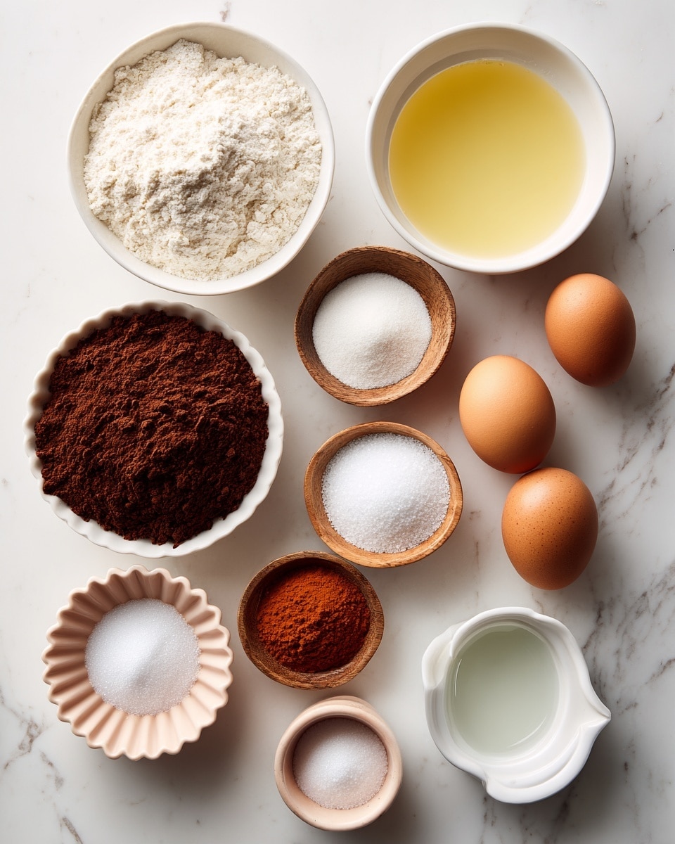 The image shows multiple ingredients arranged neatly on a white marbled surface, each in small white or light-colored bowls. There are two brown eggs placed directly on the surface near the top right. At the top left, there is a white bowl filled with flour, and next to it, a white bowl containing a clear, light yellow liquid. Below these, there is a white bowl full of dark brown cocoa powder with a textured surface. Small wooden bowls with white and reddish powders are grouped towards the right. A white fluted dish holds a dark orange liquid near the bottom left. A light pink bowl contains granulated white sugar, and next to it is a small white bowl with a clear liquid, presumably water. The arrangement is clean and visually balanced. Photo taken with an iphone --ar 4:5 --v 7