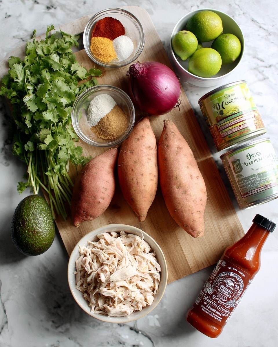 The image shows a wooden cutting board on a white marbled surface. On the board, there are three whole sweet potatoes in light orange color, one whole avocado in dark green with a rough texture, one whole red onion with a purple skin, a bunch of fresh bright green cilantro, a small glass bowl with three powders in beige, red, and cream colors, a can of sweet corn with a white label, two whole limes in bright green, a white plastic jar with a green label, a white can of black beans, and a white bowl filled with shredded light beige chicken. Below the board, there is a white plastic bottle of BBQ sauce with a black cap and a label in cream and red hues. photo taken with an iphone --ar 4:5 --v 7