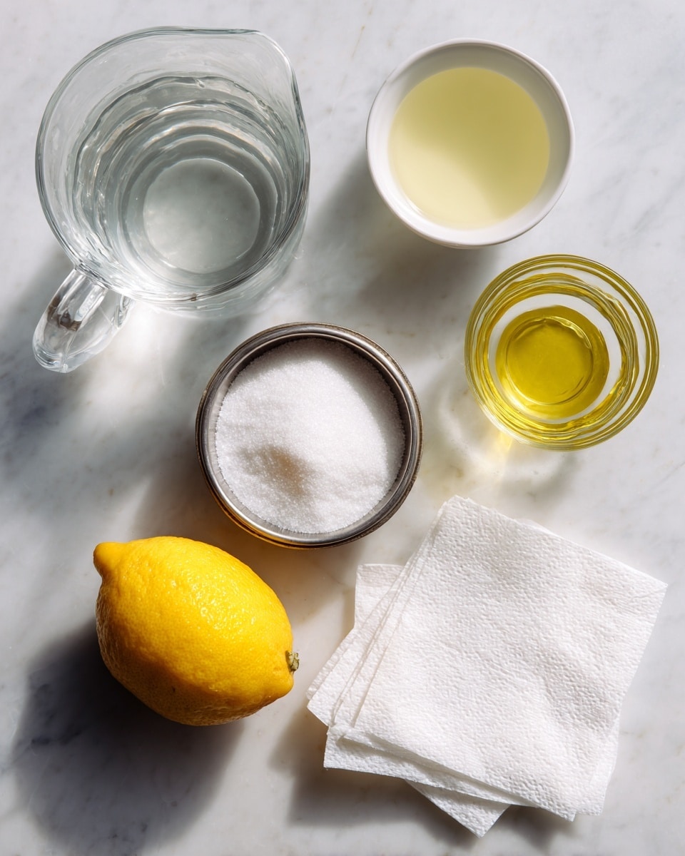 The image shows five ingredients arranged on a white marbled surface. There is a clear glass pitcher filled with water at the top left, a small white bowl with pale yellow liquid at the top right, a metal bowl filled with white granulated sugar positioned in the center, a whole bright yellow lemon placed at the bottom left, and a clear glass containing several folded white paper towels at the bottom right. The setup is simple and clean, with natural light highlighting the textures of the lemon, sugar, and liquids. photo taken with an iphone --ar 4:5 --v 7