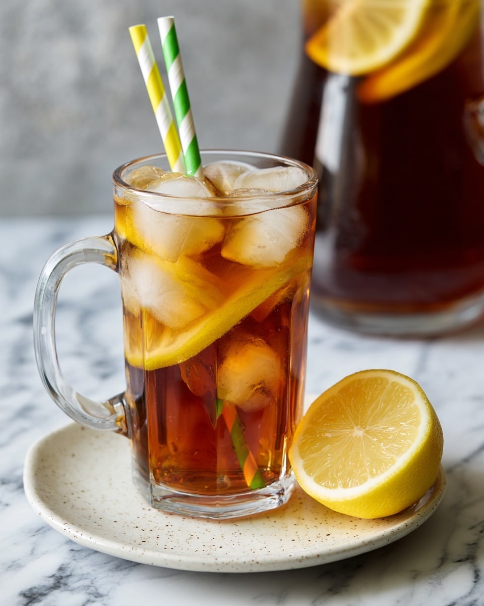 A clear glass mug with a handle is filled with iced tea that is a deep amber color. Inside the mug, there are several ice cubes and three thin slices of lemon, placed vertically and slightly overlapping. Two striped paper straws, one green and white and the other yellow and white, stand straight in the drink. The mug sits on a white plate with tiny black specks, and next to the plate is a lemon half with a bright yellow peel and juicy interior. In the background, there is a large clear pitcher filled with iced tea. The whole scene is set on a surface with a white marbled texture. Photo taken with an iphone --ar 4:5 --v 7
