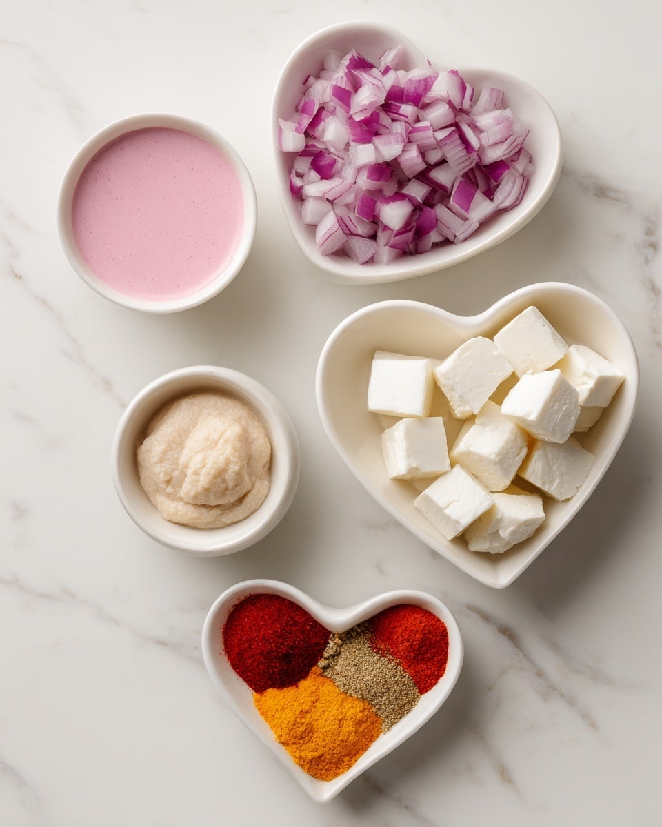 The image shows five white dishes placed on a white marbled surface. The top right bowl holds finely chopped red onions with a light purple color and small square pieces. To its left is a bowl filled with a smooth pink liquid, possibly a sauce. The center bowl contains white, soft cubes, likely paneer, arranged neatly. Below, a small bowl contains a light beige paste, and next to it is a heart-shaped dish with five distinct spice powders in bright red, deep orange, yellow, and brown colors, each color clearly separated within the dish. The background is a smooth, clean white marble texture. Photo taken with an iphone --ar 4:5 --v 7