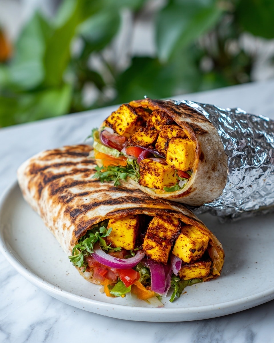 Two wraps are placed on a white plate with a foil covering the top part of one wrap. Each wrap has a toasted light brown outer layer with visible grill marks. Inside the wraps, there are bright yellow-orange spiced cubes of paneer, red onion rings, red bell pepper slices, and some green leafy vegetables, all packed closely together. The plate sits on a white marbled surface with blurred green leaves in the background. photo taken with an iphone --ar 4:5 --v 7
