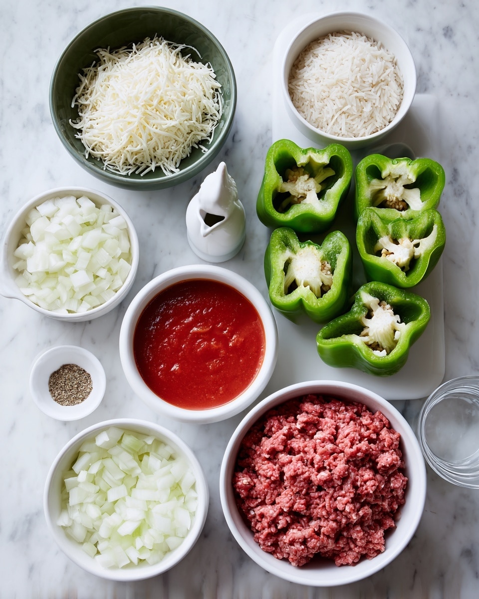 The image shows a top view of several ingredients placed on a white marbled surface. There are eight containers, all white except one dark green bowl. The dark green bowl on the top center holds shredded white cheese. To the right of it, there are eight green bell pepper halves arranged closely together in two rows, showing their hollow insides. Below the shredded cheese, a white bowl contains bright red tomato sauce. Next to it, on the bottom center, a white bowl is filled with raw ground meat, bright red and finely textured. To the left of the meat, there is a white bowl with diced white onions. Above the onions to the left, a white bowl is filled with uncooked white rice. Above the rice, there is a small white cup shaped like a bird with black pepper. Finally, on the bottom left corner, a small white dish has a light brown spice, and on the bottom right, a clear glass of water completes the arrangement. Photo taken with an iphone --ar 4:5 --v 7