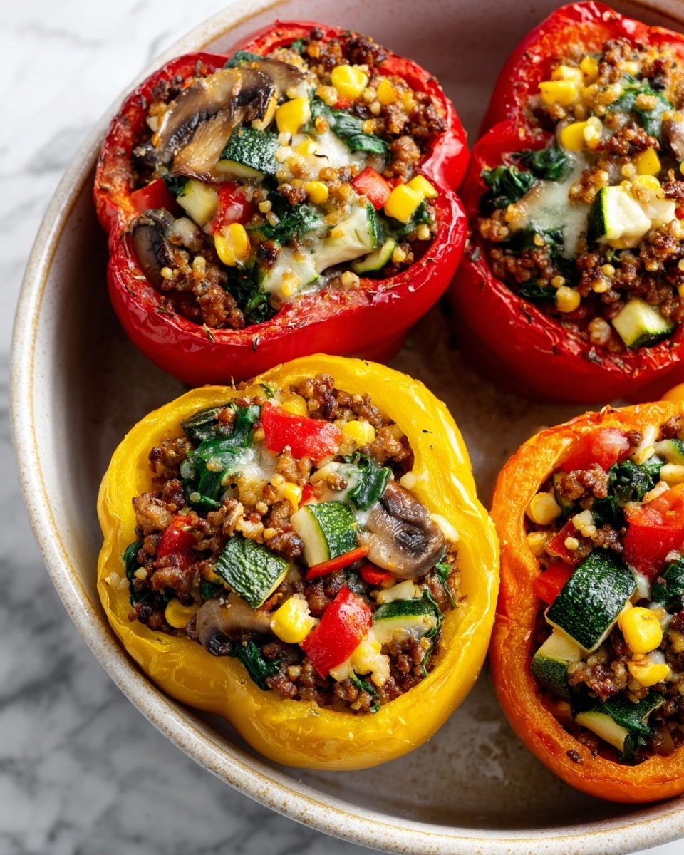 Four stuffed bell peppers sit closely together in a white ceramic dish. Each pepper is hollowed out and filled with a mix of browned ground meat, diced red, yellow, and green bell peppers, zucchini pieces, small corn kernels, spinach, mushroom slices, and cooked onions, all finely chopped and cooked until slightly crispy on top. The peppers are red, yellow, orange, and green, with the yellow pepper in the front and most in focus. The surface underneath the dish is a white marbled texture. The image captures colorful, textured layers of vegetables and meat inside the hollow peppers, showing the fresh and cooked mixture clearly. Photo taken with an iphone --ar 4:5 --v 7