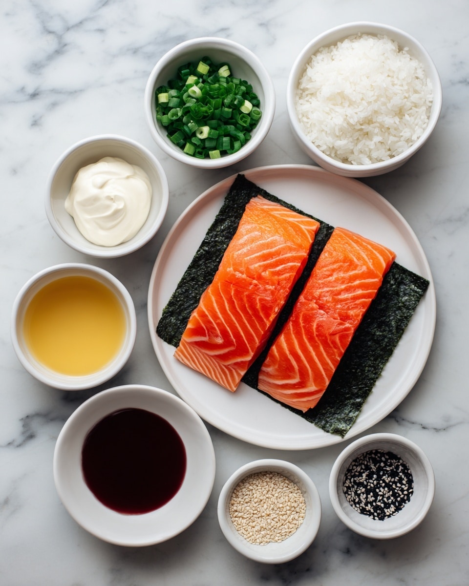 The image shows ingredients for sushi neatly arranged on a white marbled surface. In the center, two pink-orange salmon slices with visible fat lines rest on a white round plate, which is placed on a square sheet of dark green seaweed. Surrounding the plate are six small white bowls with different ingredients: white rice with a slightly sticky texture in the top right bowl, light green chopped spring onions in the top middle bowl, thick white mayonnaise cream in the top left bowl, dark red sauce in the middle left bowl, a light yellow liquid in the bottom left bowl, dark soy sauce in the bottom middle bowl, and a mix of black and white sesame seeds in the bottom right bowl. The bowls are clean and simple, all white against the white marbled background. photo taken with an iphone --ar 4:5 --v 7