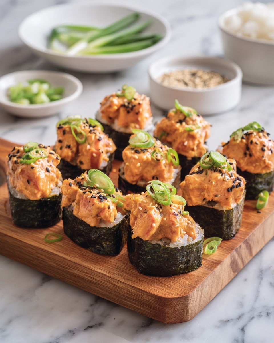 The image shows multiple sushi pieces arranged on a wooden board placed on a white marbled surface. Each sushi piece has a base wrapped in dark green seaweed, topped with chunks of orange salmon or similar fish mixed with a creamy light orange sauce, likely spicy mayo. There are small green onion rings and sesame seeds sprinkled on top of each piece, adding green and black-white contrast. Around the main board, there are small white bowls filled with sliced green onions and sesame seeds, as well as a white dish with white rice visible. The overall scene is bright with a neat arrangement, showing several sushi pieces grouped closely together. photo taken with an iphone --ar 4:5 --v 7