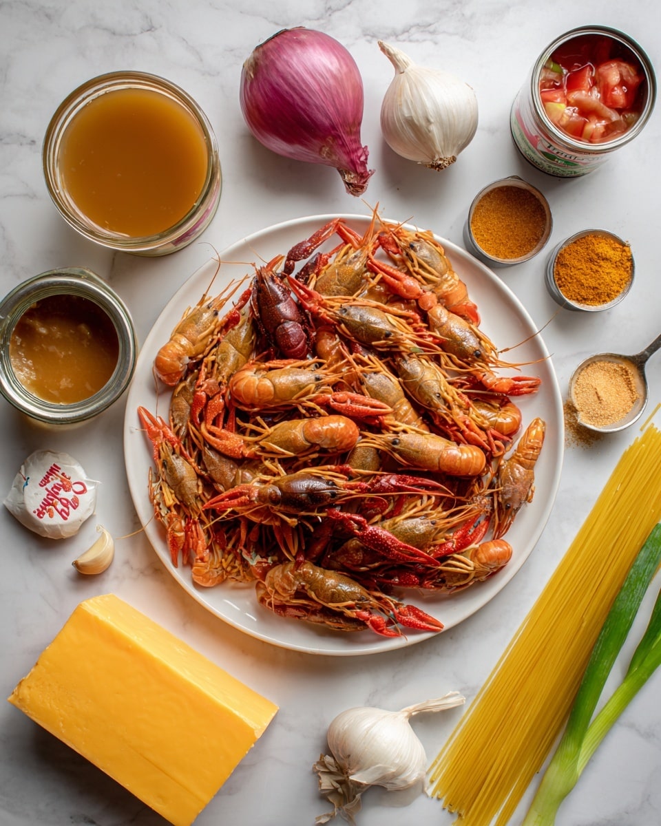 A white plate piled high with light orange and pink crawfish pieces with one whole dark red crawfish on top sits on a white marbled surface. Nearby are two purple shallots, a white garlic bulb, a can open showing red diced tomatoes, a can open with yellow sauce, a small glass bowl of brown liquid, two metal spoons filled with orange spices, a block of bright orange processed cheese folded on a plain white plate, a light beige rectangular block of butter with red text on the wrapper, a bunch of green onions with white roots, and some yellow uncooked spaghetti strands on the bottom right. Photo taken with an iphone --ar 4:5 --v 7