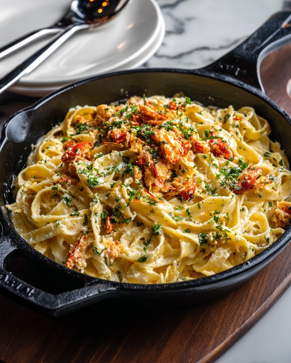 A black cast iron skillet holds a dish with two main layers. The bottom layer is creamy, light yellow fettuccine pasta, thick and slightly shiny with a smooth texture. Scattered evenly throughout the pasta are small, orange-brown cooked crawfish pieces. The top layer is sprinkled with bright green chopped herbs, adding a fresh contrast in color and texture. The skillet sits on a dark wooden table next to a white marbled surface with a white plate and a spoon nearby. Photo taken with an iphone --ar 4:5 --v 7