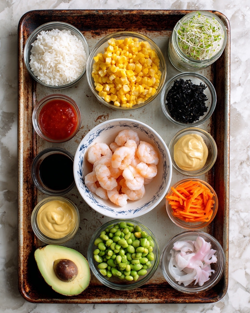 An overhead view of a rusty baking tray holding multiple small white bowls and glass dishes arranged neatly. In the center, there is a white bowl with blue trim filled with nine pink shrimp. Surrounding this are bowls containing white rice, yellow pineapple chunks, bright yellow corn kernels, small green edamame beans, and thin orange carrot strips. There are also small bowls with black and white sesame seaweed mix, a trio of sauces (dark soy sauce, red sauce, and light yellow mayo), sliced white onions, and pink pickled ginger. At the bottom left corner of the tray, there is a halved avocado with a visible seed. A small jar of green sprouts is on the upper right corner. The tray is placed on a white marbled surface. photo taken with an iphone --ar 4:5 --v 7