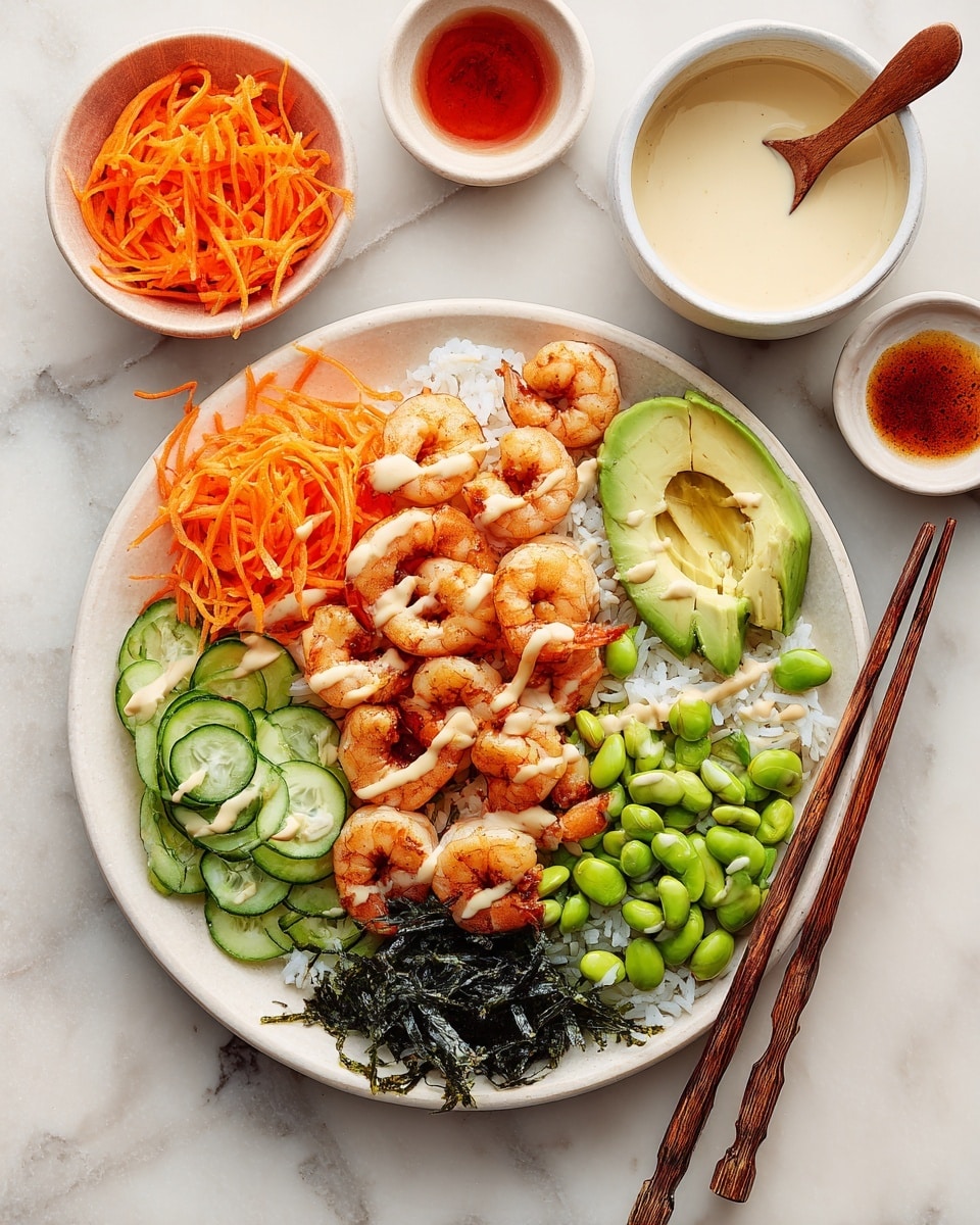 A white plate holds a layered shrimp bowl with a base of white rice, topped with orange shredded carrots, bright green edamame, fresh light green avocado chunks, and dark green cucumber pieces. Caramel-colored cooked shrimp are scattered around, and a creamy light sauce is drizzled on top. Dark green seaweed strips line the edges of the plate. Wooden chopsticks rest on the side of the plate on a white marbled surface, surrounded by small white bowls containing orange shredded carrots, a light creamy sauce with a wooden spoon, and a red sauce. photo taken with an iphone --ar 4:5 --v 7