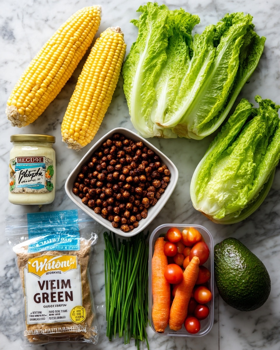 The image shows an overhead view of various fresh ingredients on a white marbled surface, neatly arranged in an organized grid style. There are two ears of bright yellow corn beside a square white bowl filled with dark brown seasoned chickpeas. Above them, two big green romaine lettuce leaves lie side by side. A bunch of fresh green chives and green onions are placed near the lettuce. To the right, there are two orange carrots and a whole dark green avocado. Above the chickpeas, there is a plastic container of small red grape tomatoes, and next to it, a clear plastic package labeled