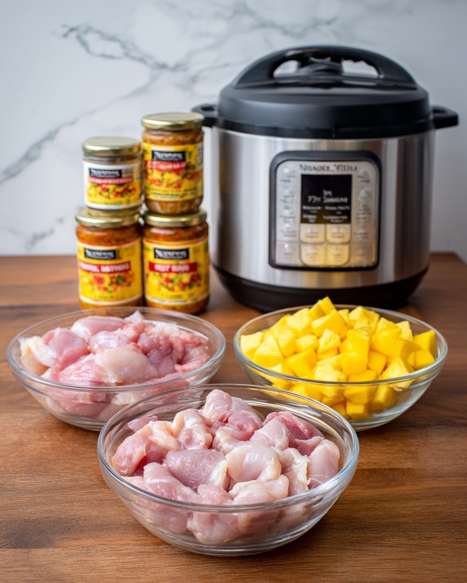 The image shows raw chicken pieces in a clear plastic bowl on the left, with a bowl of sliced yellow mango strips in front of it and another bowl filled with cubed yellow pineapple pieces on the right. Behind the bowls are two jars of Newman's Own mango salsa stacked vertically. To the far right, there is a black Instant Pot with a labeled front panel. All items are placed on a wooden surface with a plain white wall background, changed to a white marbled texture. Photo taken with an iphone --ar 4:5 --v 7