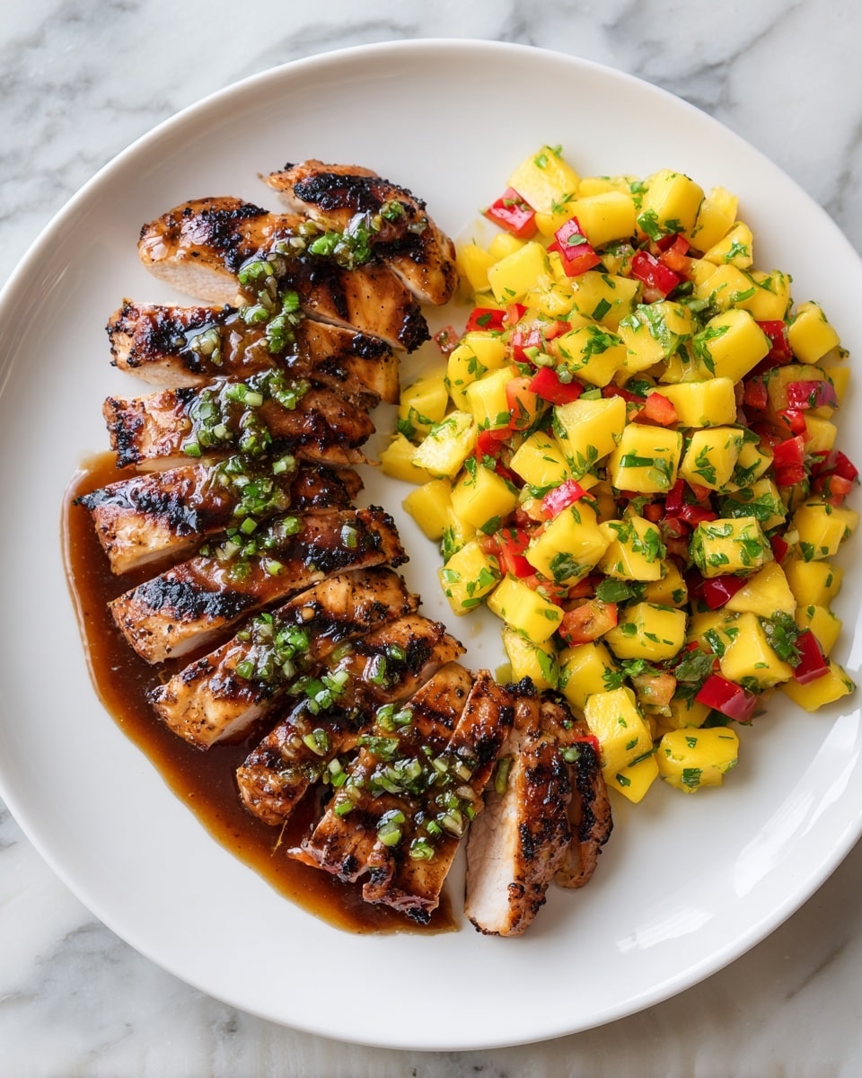 A white plate holds sliced grilled chicken arranged in a neat row on the left side, each piece showing charred grill marks and a glossy brown sauce with small green herb pieces sprinkled on top. On the right side, there is a colorful mango salsa made of bright yellow mango cubes and thin red pepper slices mixed with finely chopped green herbs. The plate is placed on a white marbled surface. photo taken with an iphone --ar 4:5 --v 7