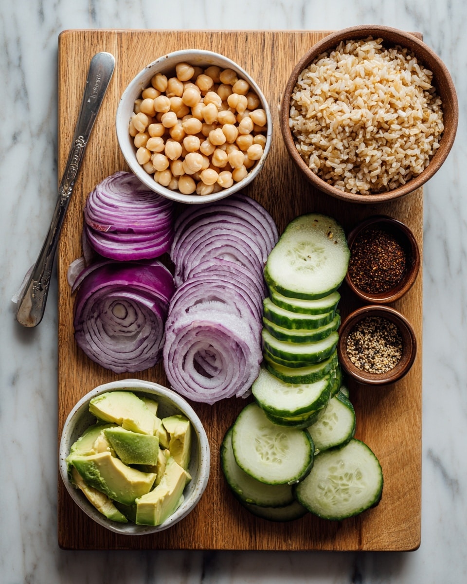 The image shows a wooden cutting board on a white marbled surface. On the cutting board, there are three main layers of food arranged vertically: at the top is a small white bowl filled with light beige chickpeas; below that are slices of red onion showing a rich purple color with white rings; further down are thick slices of cucumber, light green with pale green seeds and dark green skin edges. At the bottom of the cutting board, there is a small white bowl filled with sliced avocado pieces, showing varying shades of green and yellow. Around the cutting board, there are parts of two brown bowls: one containing brown rice and the other with a dark spice mixture. The scene is well-lit, and the textures of the ingredients are clear. Photo taken with an iphone --ar 4:5 --v 7