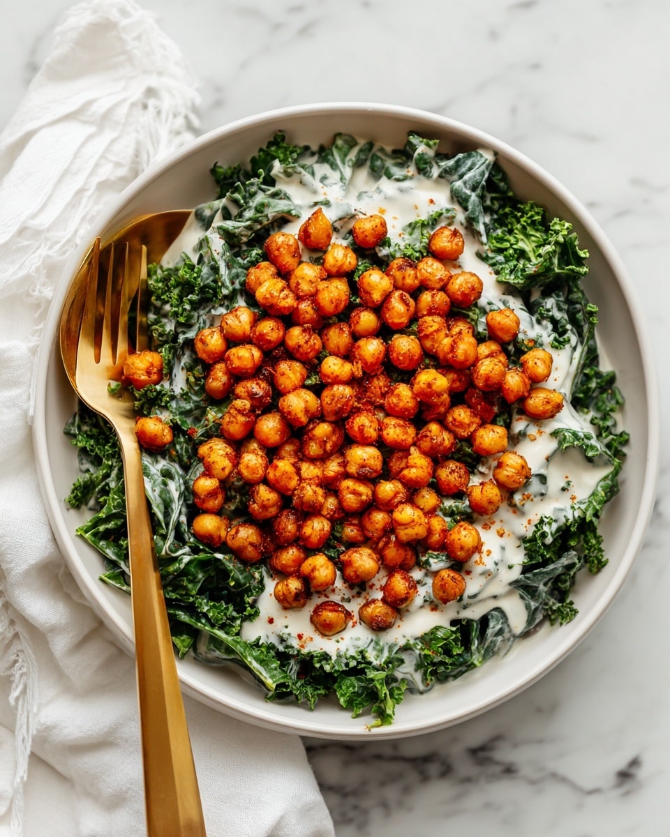 A white bowl filled with dark green kale leaves coated in a creamy white sauce forms the base layer. On top of the kale is a thick pile of small, round, roasted chickpeas colored golden brown with a slight reddish tint from spices. The chickpeas create a textured, crunchy-looking layer right in the center. A gold fork and spoon rest on the left side of the bowl, partially stuck into the salad. The bowl sits on a white marbled surface with a white cloth napkin beside it. photo taken with an iphone --ar 4:5 --v 7