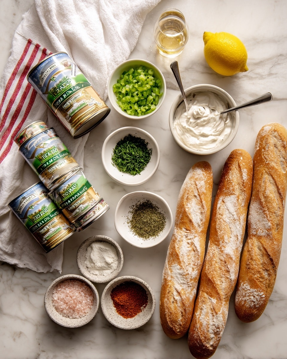 The image shows various ingredients for a recipe arranged neatly on a white marbled surface. On the left side, there are three cans stacked with green and white labels labeled