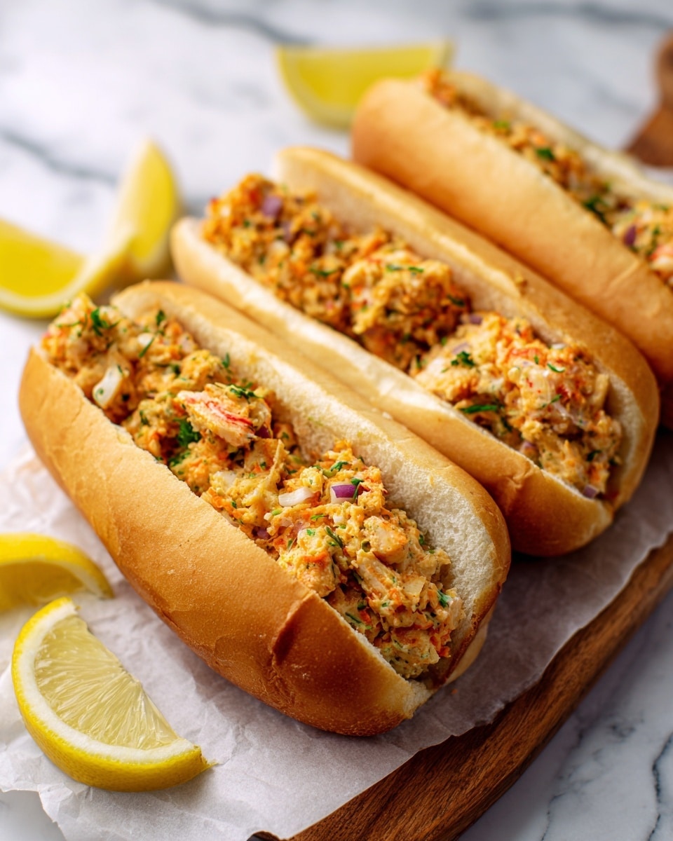 Three white sandwich rolls lie side by side on white parchment paper over a wooden board, each filled with a chunky mixture. The filling is a mix of light orange with bits of white, green, and purple, showing a coarse texture with small pieces of vegetables and perhaps seafood. The rolls look soft with a smooth golden crust, partially opened to show the filling inside. Around the board, there are lemon wedges placed at the corners. The background is a white marbled surface. photo taken with an iphone --ar 4:5 --v 7