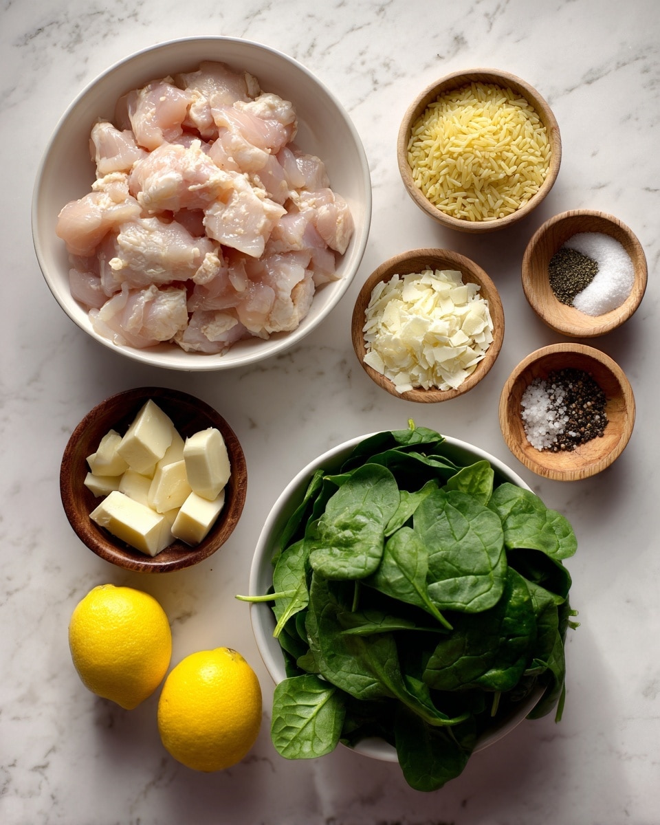 The image shows a top view of cooking ingredients laid out on a white marbled surface. There is a white bowl on the left side filled with raw chicken pieces that have a light pink and pale yellow color. Around it, there are small wooden bowls each holding different ingredients: one with yellow dry rice, one with butter cubes, one with finely chopped garlic, and one with black pepper and salt. Two bright yellow lemons are placed in the middle. A white bowl at the bottom right is filled with fresh green spinach leaves that have a natural texture. All items are arranged neatly in a balanced composition. Photo taken with an iphone --ar 4:5 --v 7