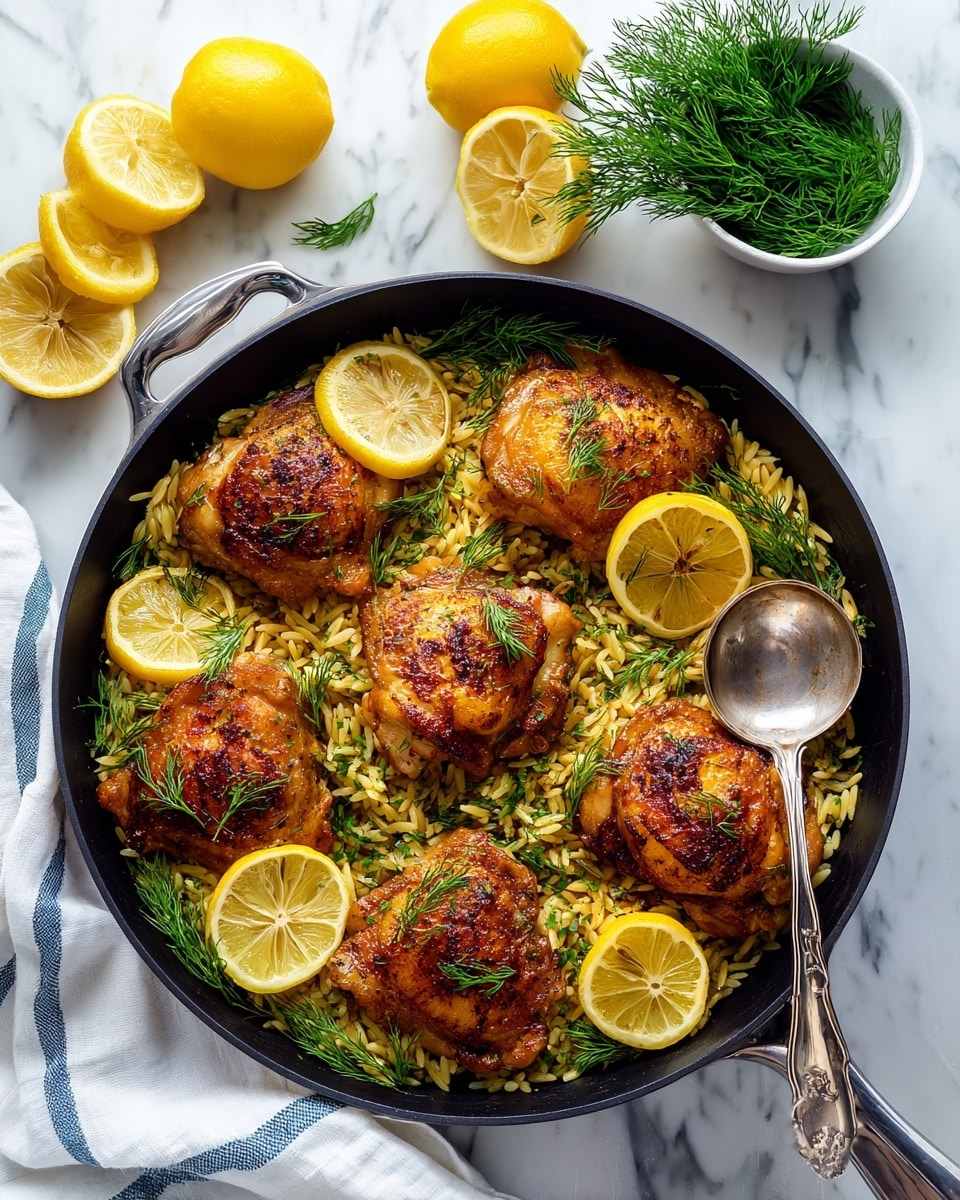 A black skillet filled with a dish of six pieces of browned, crispy chicken thighs placed on top of a bed of yellowish orzo pasta mixed with herbs. Each chicken piece is topped with a thin, dark golden-brown slice of lemon, and some fresh green dill sprigs are scattered over the chicken and pasta. A silver spoon with a shiny surface rests inside the skillet on the right side, touching the pasta and lemon slices. Around the skillet, the surface is white marbled, holding halved and whole lemons with a small white bowl filled with fresh green dill in the top right corner. A folded white cloth with thin blue stripes is placed below the skillet. The photo taken with an iphone --ar 4:5 --v 7