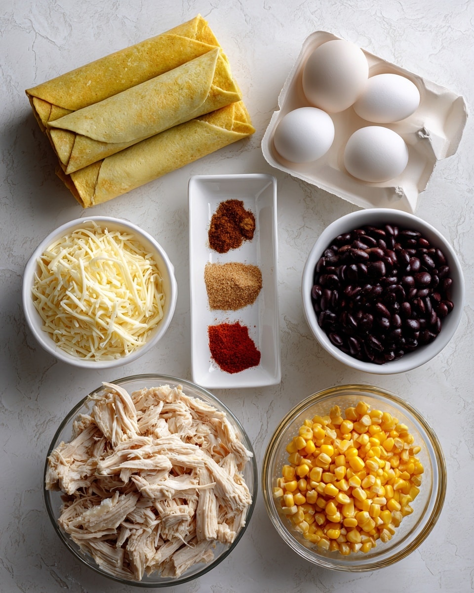 The image shows several ingredients arranged neatly on a white marbled surface. At the top left is a yellow-green package of egg roll wraps. Below that, a white egg carton holds one white egg. To the right of the egg is a small white bowl with four different spices, each a different color: light beige, dark red, brown, and golden brown. Below this bowl is a white bowl filled with shredded yellow and white cheese. To the right of the cheese bowl is a clear glass bowl containing shredded light brown chicken. Above the chicken is a white colander filled with black beans. At the top center is a clear glass filled with bright yellow corn kernels. photo taken with an iphone --ar 4:5 --v 7