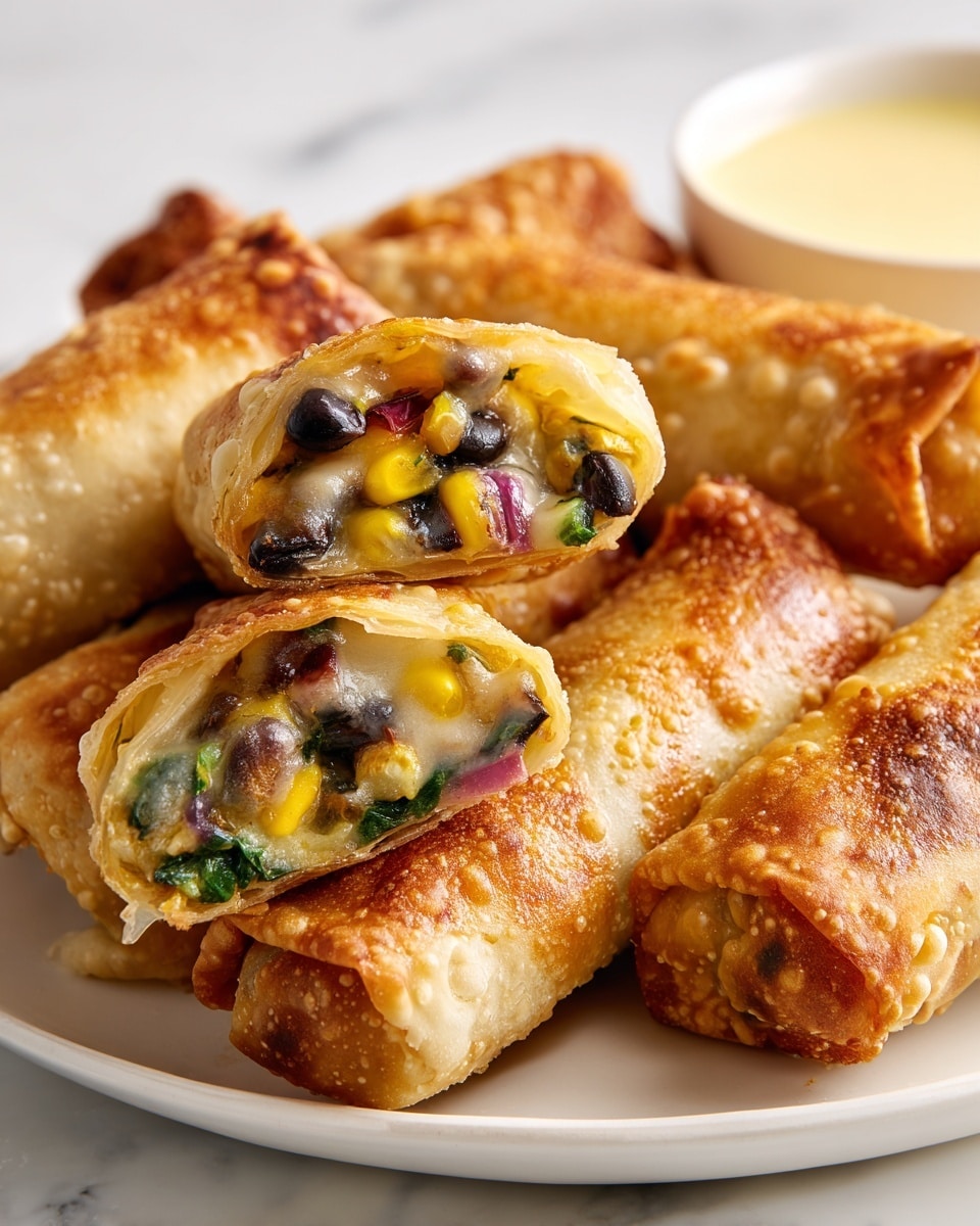 The image shows several golden brown southwestern egg rolls on a white plate with a white marbled surface underneath. One egg roll is cut in half, revealing detailed layers inside: the outer crispy, flaky light brown wrapper, followed by layers filled with black beans, yellow corn, diced red onions, melted cheese, and bits of spinach all mixed together. The egg rolls look crispy with small browned spots on the surface. In the background is a bowl with a light yellow dipping sauce. The scene is bright and clear, showing the texture and colors of the egg rolls well. Photo taken with an iphone --ar 4:5 --v 7