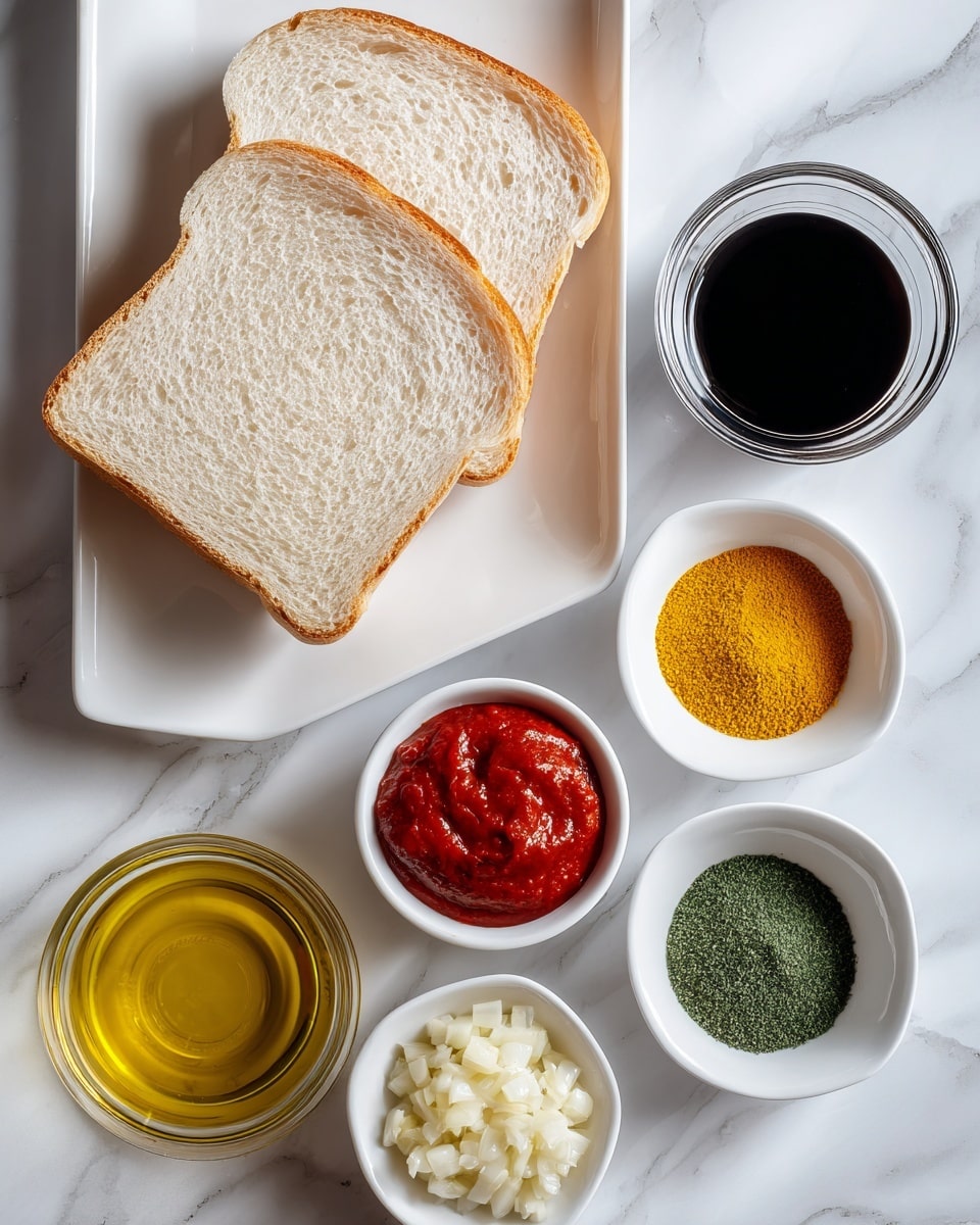 The image shows several ingredients arranged neatly on a white marbled surface. On the left, there is a white rectangular plate with two slices of light beige bread stacked one on top of the other. Near the bottom left corner, there is a small clear glass container filled with golden olive oil. In the center, a small white bowl with a red interior holds finely chopped garlic. To the right, a white bowl contains a deep red tomato paste. Above it, a small white bowl is divided into three sections of spices: yellow, green, and dark green. At the top right, there is a slim glass filled with a dark liquid, likely balsamic vinegar. The ingredients are spaced apart with clear visibility, all placed on the white marbled surface. Photo taken with an iphone --ar 4:5 --v 7
