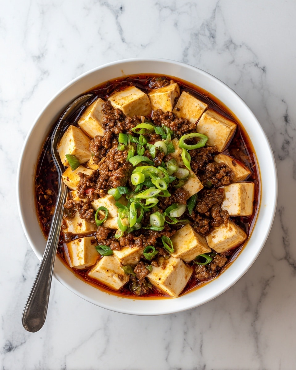 The image shows a bowl filled with a dish consisting of three main layers. The bottom layer is a dark reddish-brown spicy sauce with a slightly oily look. On top of this sauce are many soft, beige tofu cubes, which are irregular in shape but mostly small. Scattered around the tofu and sauce is a layer of browned, crumbled ground meat. Finally, thin, bright green onion slices are sprinkled on top, adding a fresh touch. The bowl is white and sits on a white marbled surface, with a spoon resting inside. photo taken with an iphone --ar 4:5 --v 7
