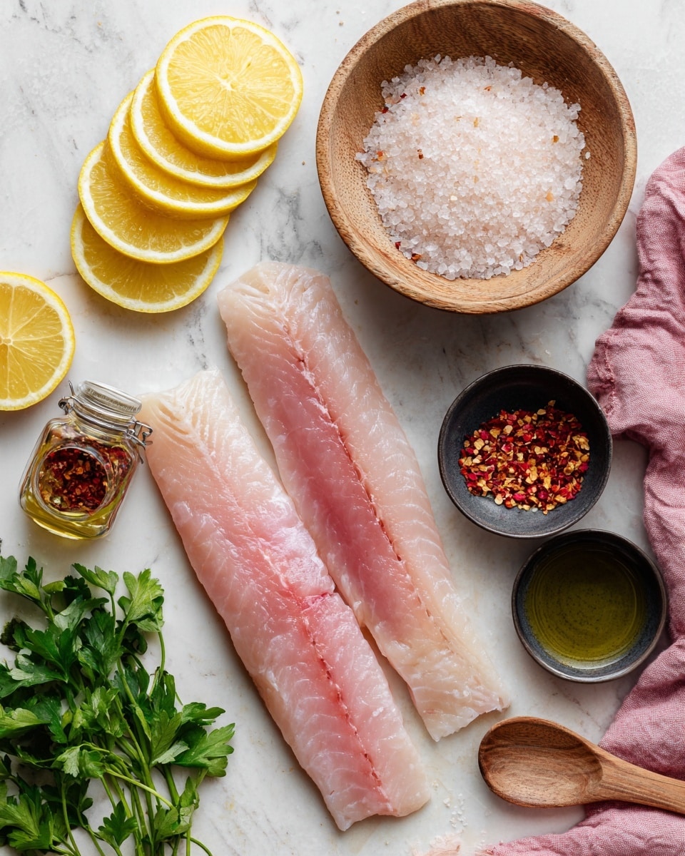 Two raw fish fillets with a light pink color lie side by side at the bottom center of a white marbled surface. Above them, there are thin lemon slices stacked neatly on the left. A small jar of red pepper flakes sits to the right of the lemon slices. To the right of the jar, there is a wooden bowl filled with coarse salt with a wooden spoon inside. Next to the salt, a small dark bowl holds oil with a spoon. Fresh green herbs are placed near the bottom right corner. A woman's hand is holding a pink cloth slightly visible on the top right corner. Photo taken with an iphone --ar 4:5 --v 7