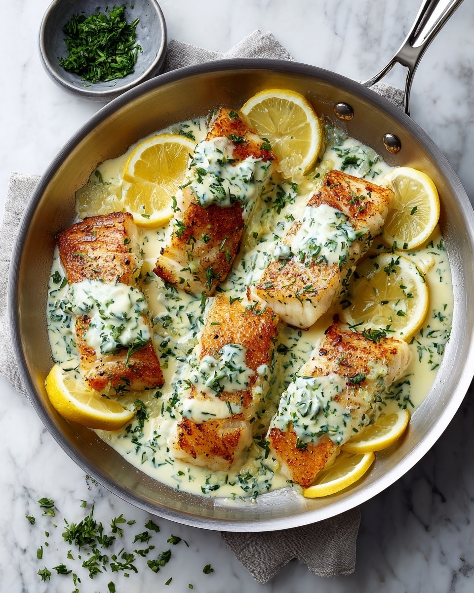 A silver pan placed on a white marbled surface holds six pieces of golden-brown cooked fish fillets, each topped with a creamy white sauce sprinkled with green herbs. Thin lemon slices are arranged underneath and between the fillets, adding a pop of bright yellow throughout the pan. Small green herbs are scattered on the fish, sauce, and around the pan on the surface. A small gray bowl with extra chopped green herbs sits near the pan, with some herbs spilled on the white marbled texture. photo taken with an iphone --ar 4:5 --v 7