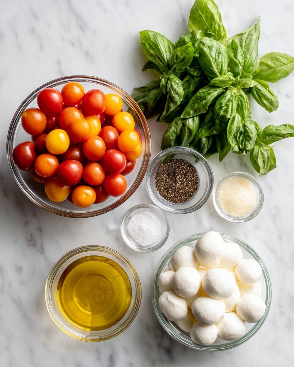 The image shows a top-down view of a white marbled surface with six bowls and a bunch of fresh green basil leaves placed neatly. Starting from the bottom left, there is a clear glass bowl filled with red, yellow, and orange small tomatoes that have a smooth and shiny texture. Moving right, there is a bunch of green basil leaves with a fresh and slightly glossy look. Next to the basil, on the far right, a clear bowl holds several white round mozzarella balls. Above the basil, there is a small clear bowl containing ground black pepper, which is dark and grainy. To the left of that is a small clear bowl or measuring cup filled with clear golden-yellow olive oil. Above the olive oil, there is another small clear bowl with a pile of fine white salt. Finally, to the right of the salt, there is a small clear bowl or measuring cup with a pale yellow oil, lighter and slightly translucent. Everything is arranged in a neat, organized pattern on the clean white marble surface. photo taken with an iphone --ar 4:5 --v 7