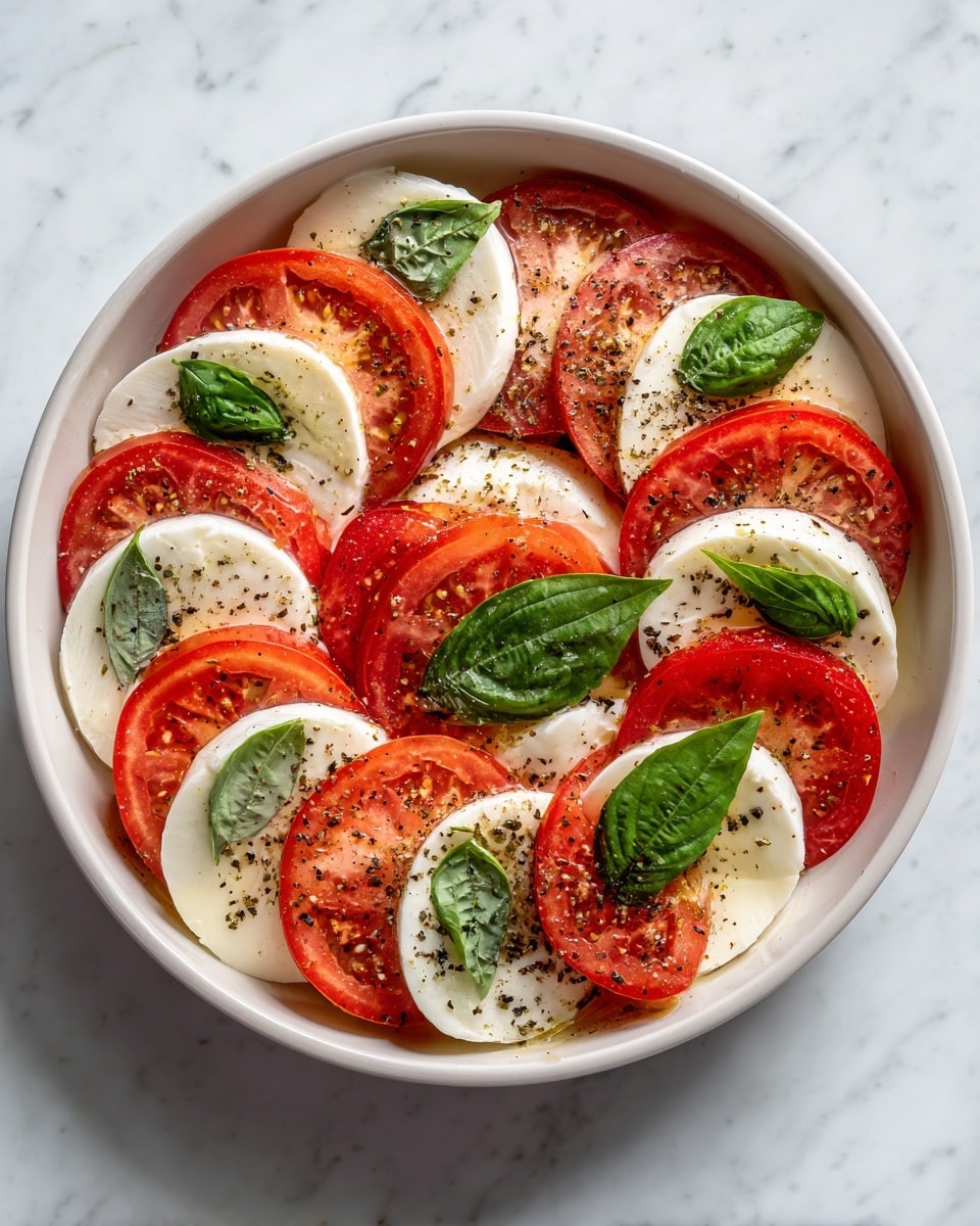 The dish is arranged in a round white bowl placed on a white marbled surface. It has three main layers, starting with thick, round slices of ripe red tomatoes and white mozzarella cheese, alternating in a circular pattern around the bowl. Between each tomato and cheese slice, there is a fresh green basil leaf adding bright color and texture. The top of the tomato and cheese layers is lightly sprinkled with black pepper, giving a dotted contrast. Photo taken with an iphone --ar 4:5 --v 7