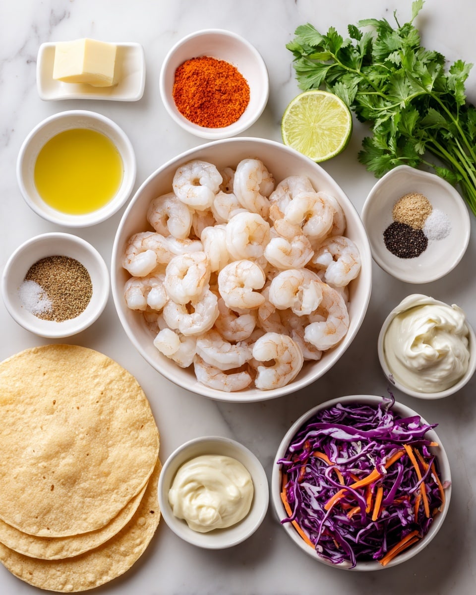 The image shows a white bowl in the center filled with raw, peeled shrimp, their pale pink color and curled shape are clear. Around the bowl are small white dishes with various ingredients: a pale yellow butter chunk, a green lime, a small pile of orange-red paprika, a brown spice mix, black pepper and salt, creamy white mayonnaise, and a small pool of golden olive oil. Another small white bowl contains a mix of shredded purple cabbage, carrots, and pale green cabbage. There are also light yellow corn tortillas in the bottom left and a bunch of fresh green cilantro in the top right. All items are arranged neatly on a white marbled surface. Photo taken with an iphone --ar 4:5 --v 7