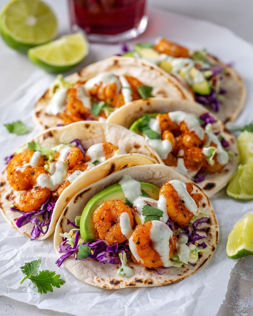 Four tacos positioned closely on white parchment paper over a white marbled surface, each taco has a slightly charred white soft tortilla base, filled with bright orange cooked shrimp on top of a layer of finely shredded purple cabbage. Thin slices of pale green avocado rest alongside the shrimp, garnished with a few small green cilantro leaves. A drizzle of creamy white sauce is spread across the filling. In the background to the top left, there is a partially visible glass of red liquid and to the right, slices of lime, with one wedge placed near the bottom left of the parchment. photo taken with an iphone --ar 4:5 --v 7