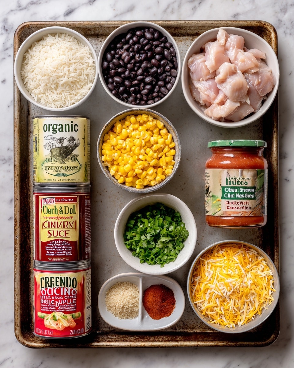 The image shows a brown metal tray on a white marbled surface filled with various ingredients in white bowls and cans. Starting from the top left, there is a white bowl filled with white rice, next to it on the right is a bowl of black beans, and a bowl of pale pink raw chicken pieces is to the right of that. Below the rice bowl, slightly to the left, is a small bowl of chopped green onions. In the center, there is a bowl of bright yellow corn kernels. To the right of the corn, there is a bowl of chopped green cilantro leaves. Below the cilantro bowl is a bowl filled with shredded yellow and white cheese. At the bottom left of the tray, there are two cans; the left one is labeled