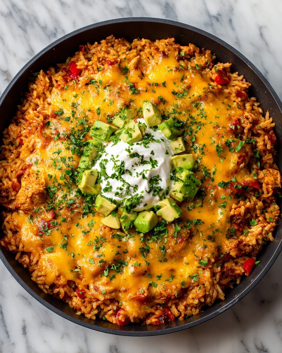 The image shows a round black pan filled with a layered cheesy rice dish. The bottom layer is made of cooked rice mixed with small bits of red peppers and chicken pieces, giving it a light brown and reddish color with some texture from the ingredients. On top, there is a thick melted cheese layer in a yellow-orange color, spread unevenly with some parts looking bubbled and soft. In the center, there's a dollop of white sour cream surrounded by small green avocado chunks and bright green chopped herbs sprinkled all over the cheese layer. The pan sits on a white marbled surface. Photo taken with an iphone --ar 4:5 --v 7