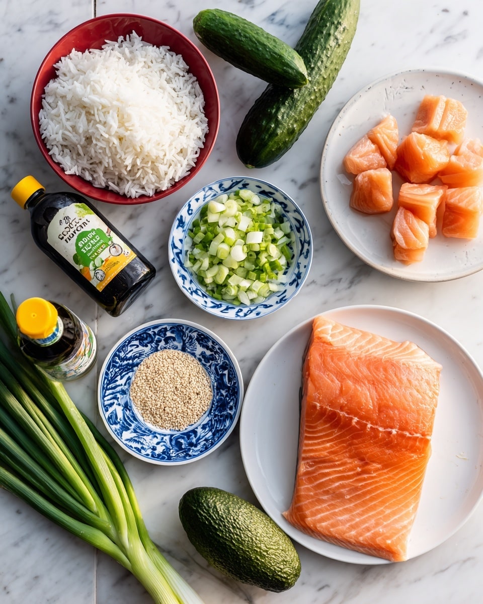 The image shows various ingredients arranged neatly on a white marbled surface. There is a white plate with a large piece of raw salmon and several small cubes of salmon on the side. Next to the plate are two whole cucumbers and a whole avocado. Nearby is a small blue and white plate with chopped green onions and white onions. A red bowl filled with white rice is placed beside a small white plate with a blue pattern holding light brown sesame seeds and some salt. Two bottles, one of toasted sesame oil with a yellow cap and another of soy sauce with a green cap, are positioned in front. A whole green onion is placed lying beside the bottles. The presentation is clean and organized. photo taken with an iphone --ar 4:5 --v 7