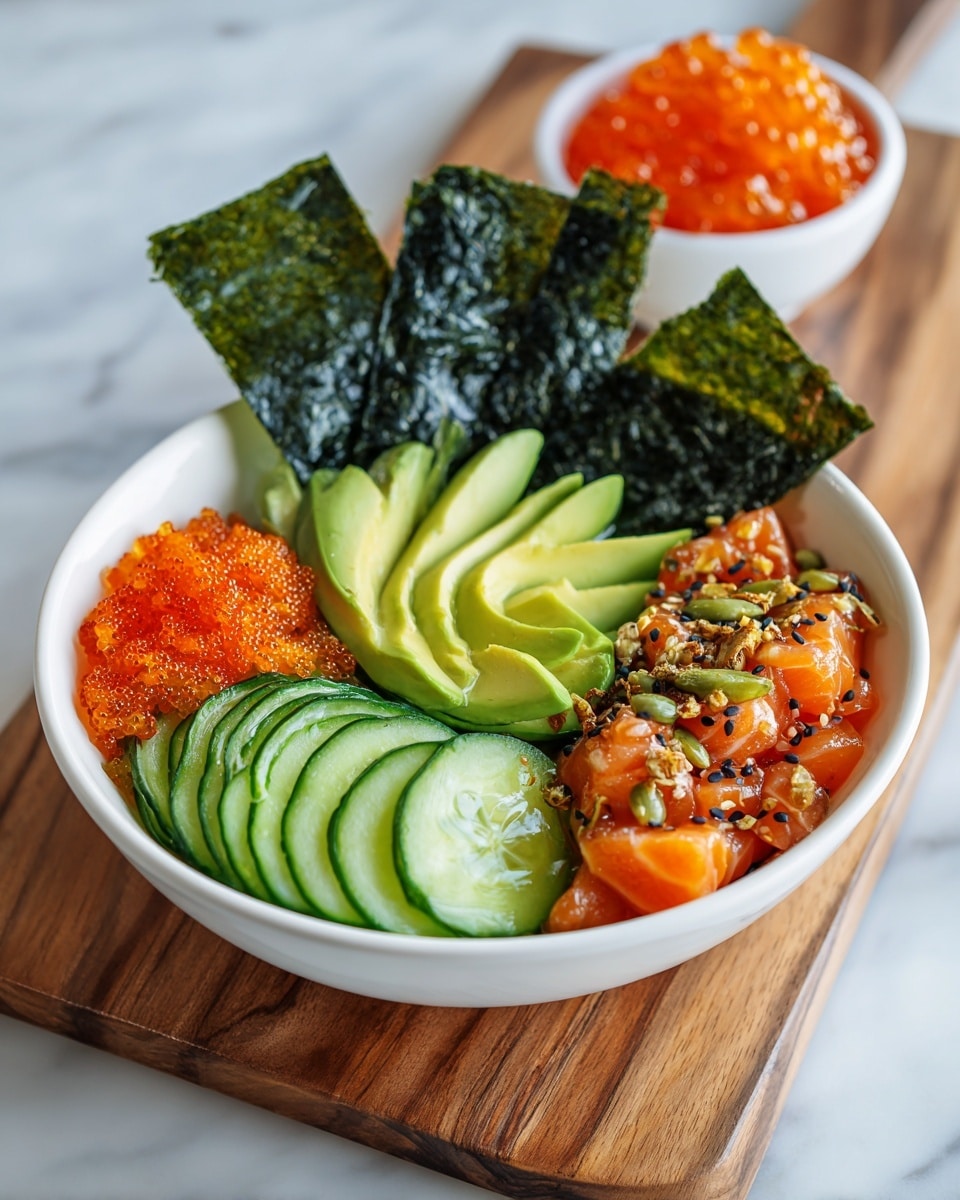 A white bowl with a poke dish sitting on a wooden board over a white marbled surface. The bowl has four layers: on the left side, thinly sliced cucumber rounds are neatly stacked; next to it, a bright orange layer of small fish roe adds a pop of color; on top, several slices of light green avocado are fanned out; and on the right side is a mix of orange cubed raw fish sprinkled with black and white sesame seeds and small bits of nuts. Behind the bowl, three dark green seaweed sheets stand upright. A small white bowl with more bright orange fish roe is in the background on the wooden board. Photo taken with an iphone --ar 4:5 --v 7