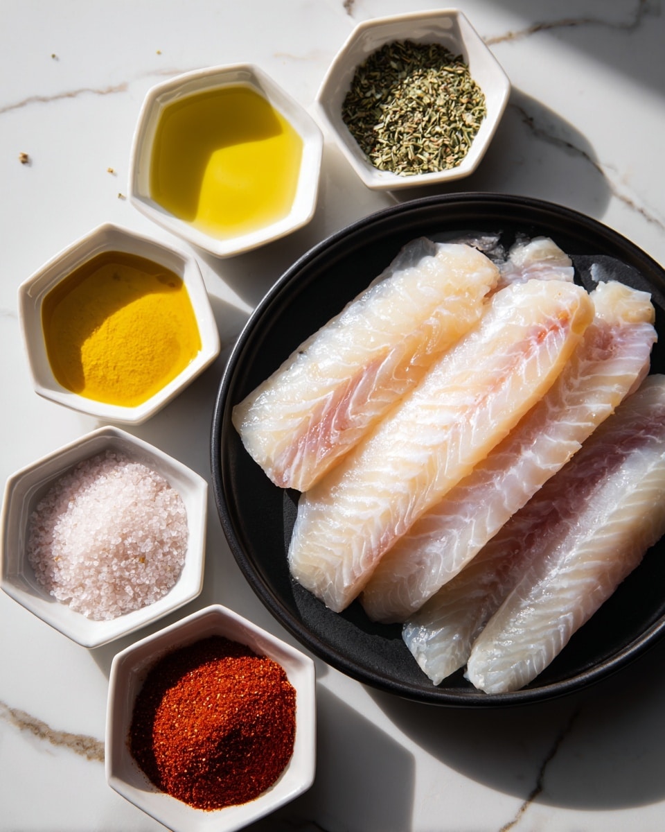 A white marbled surface with a grid of black lines serves as the background. In the center, a round black plate holds five raw white fish fillets with light pinkish and slightly translucent textures, arranged overlapping but spread out to cover the plate. Surrounding the plate are six small white bowls placed in a loose hexagonal shape: the top bowl contains a golden yellow liquid, the bowl just below has a pale yellow liquid, the next bowl on the bottom left holds a light granulated powder, and the center bowl is filled with bright red powder. On the top right, two bowls sit next to each other; one holds a mix of white salt and black pepper, and the other contains dried green herbs. The lighting is soft and bright, highlighting the fresh ingredients. photo taken with an iphone --ar 4:5 --v 7