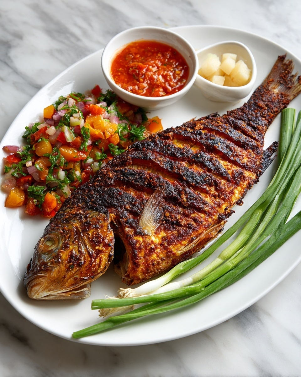 A whole grilled fish with dark, crispy skin covered in spices fills the center of a white plate. The fish is laid with grill marks running across its body. On the upper side of the plate, there is a colorful mix of chopped tomatoes, onions, and green herbs. To the right of the fish, a small white bowl holds red sauce, and next to it are small white pieces of a starchy side. In front of the fish, two long green onions add color. The plate sits on a white marbled surface. photo taken with an iphone --ar 4:5 --v 7