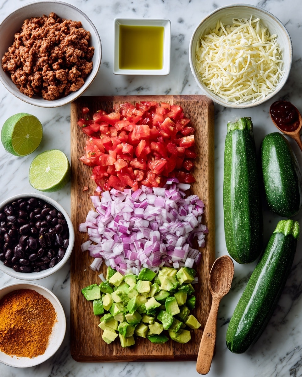 The image shows a top view of fresh cooking ingredients on a white marbled texture. In the center, there's a wooden cutting board with three layers from top to bottom: finely chopped purple onions, diced red tomatoes, and diced green avocados. To the left of the cutting board, two lime halves sit side by side. Around the board, there are white bowls filled with cooked ground meat on the bottom left, black beans on the top right, red salsa on the bottom left, a yellowish-orange spice mix near the bottom center, and shredded cheese on the bottom right. Three whole green zucchinis lie horizontally in the middle. A small white square dish contains golden oil, positioned above the zucchinis near the right side, with a tiny wooden spoon beside it. Photo taken with an iphone --ar 4:5 --v 7